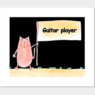 Guitar player. Profession, work, job. Cat shows a banner with the inscription. Watercolor illustration. A gift for a professional. Posters and Art